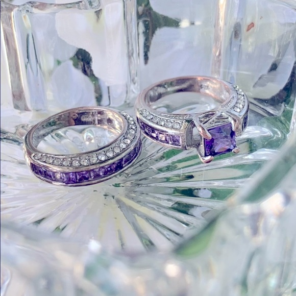 925 Sterling Sliver 2pc Set (Size 7) Amethyst Rings - Picture 1 of 11